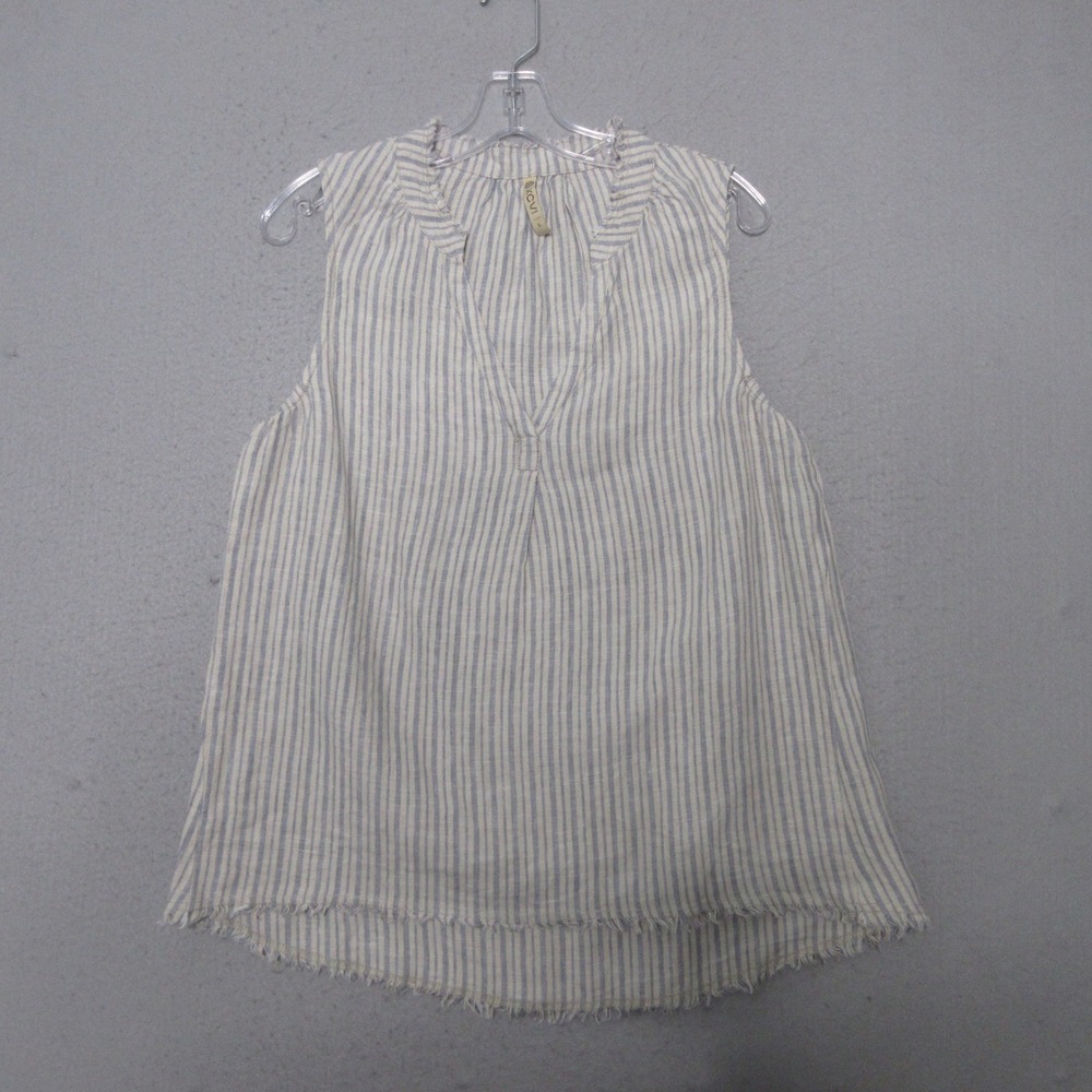 XCVI Top Small Blue Striped 100% Linen Sleeveless V-Neck Raw Hem Coastal Airy